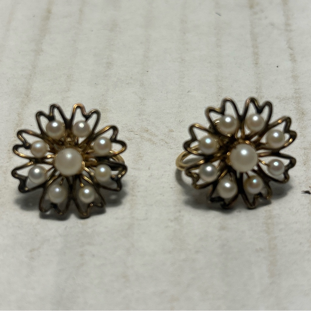 Vtg A&Z 12k Gf Yellow Gold Filled White Pearl Screw Back Earrings Flower Heart